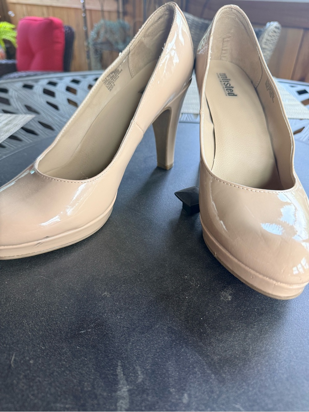 Unlisted by Kenneth Cole Nude Patent Round-Toe High Heels